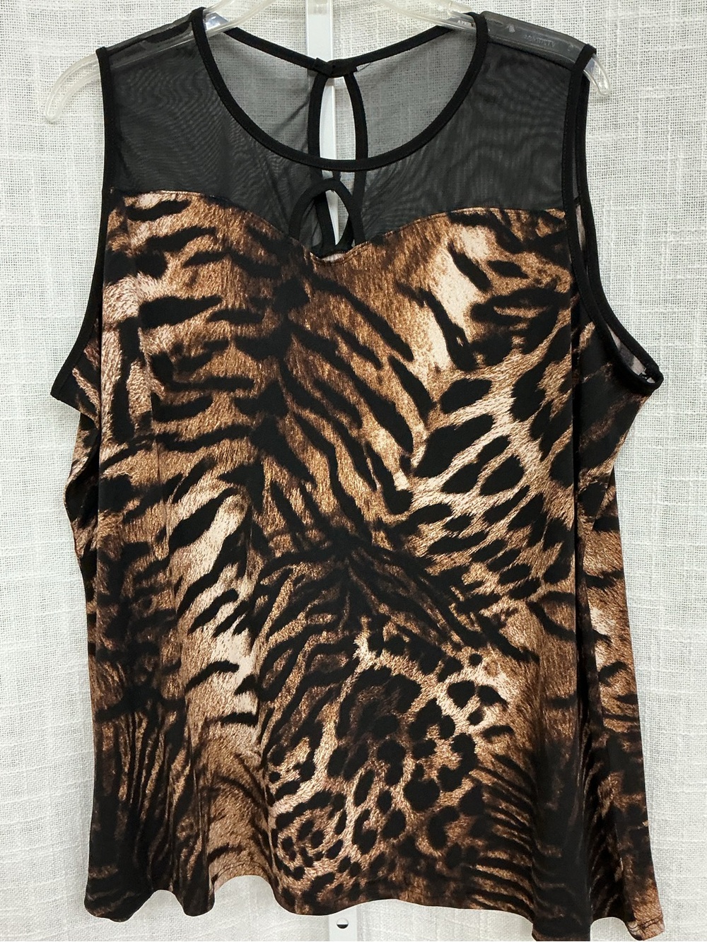 Adele & May Woman 1X Animal Print Mesh Yoke Tank Top - Brown & Black